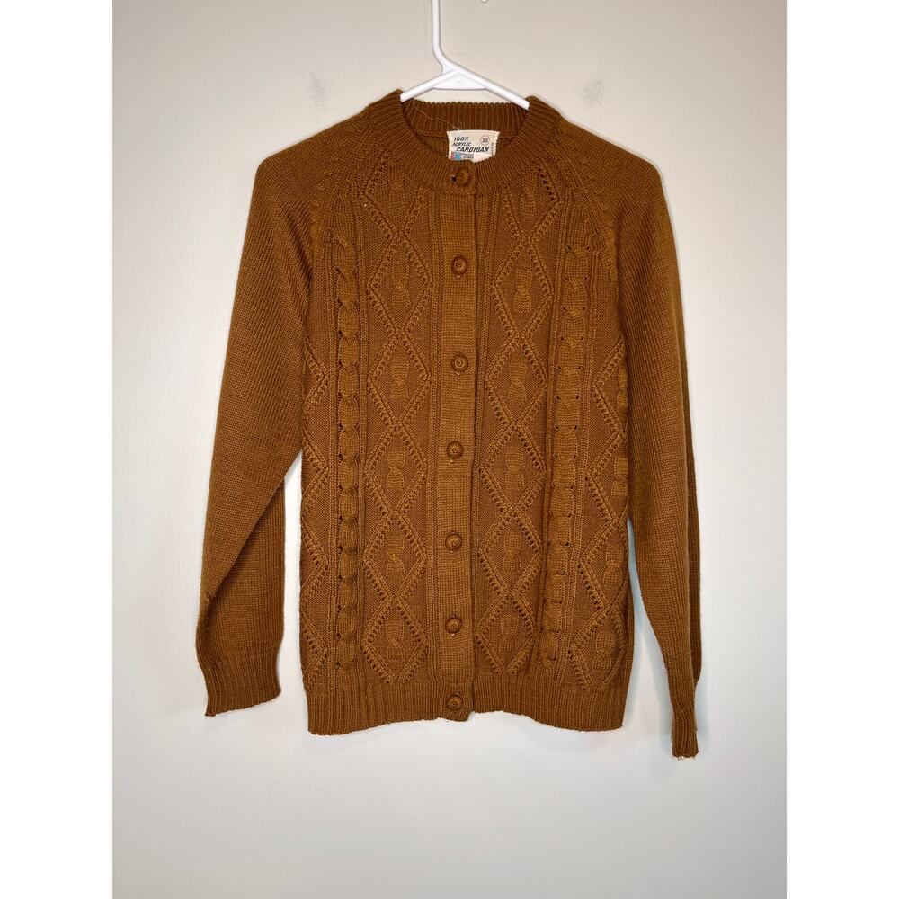 1960s Kmart Chocolate Brown Cable Knit Minimalist Coquette Cottage Cardigan M 38